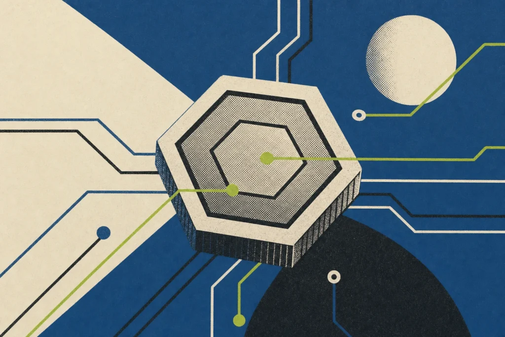 Bitcoin casino poster — crypto token and slip motif in slate and acid screenprint