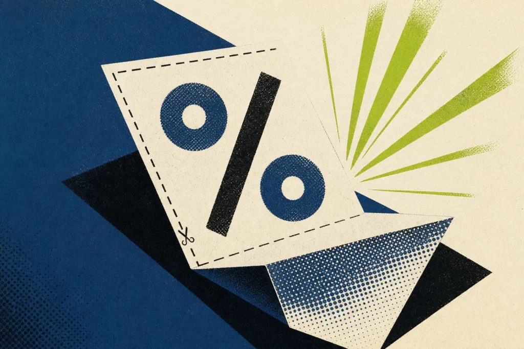 Casino bonus poster — layered ticket and stamp motif in risograph screenprint