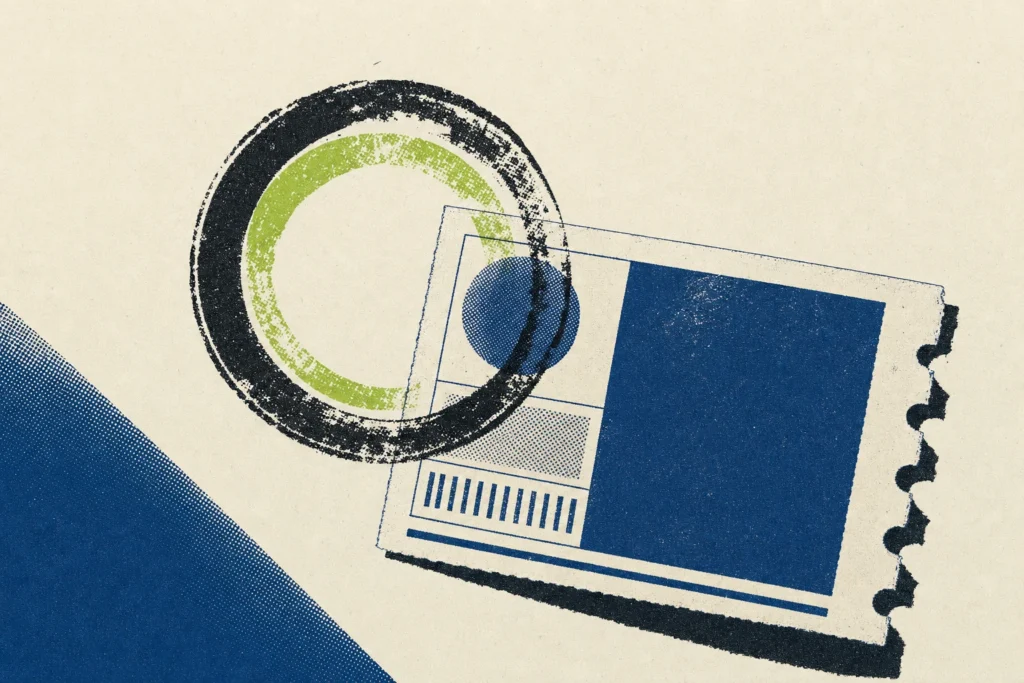 Online casino reviews poster — review stamp and betting-slip ticket in screenprinted risograph style